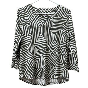 Chicos Size 1 US Medium Green Stripe Long Sleeve V Neck Cotton Blend Casual City